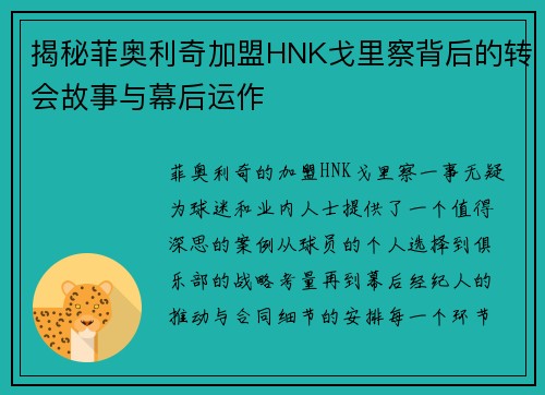 揭秘菲奥利奇加盟HNK戈里察背后的转会故事与幕后运作